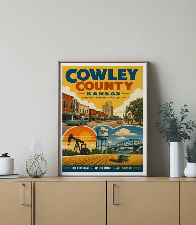 Cowley County, Kansas travel poster with illustrations of landmarks and text.