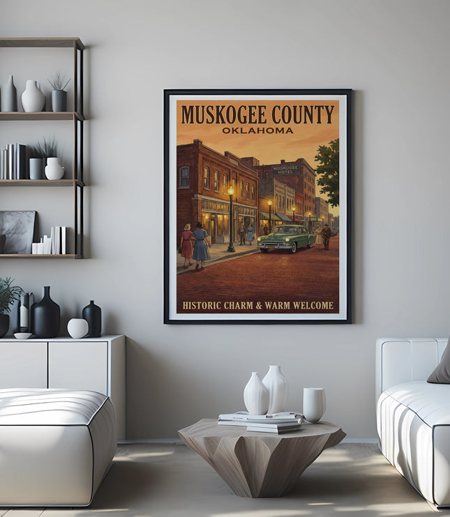 Framed artwork of Muskogee County, Oklahoma, with buildings, a car, and people on a brick street.