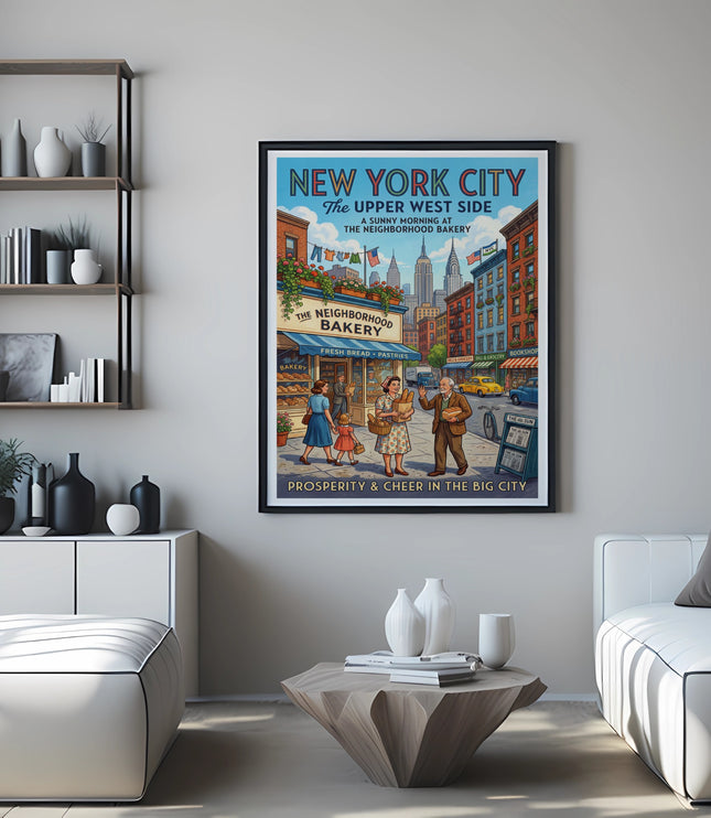 New York City Upper West Side Neighborhood Bakery vintage travel poster.
