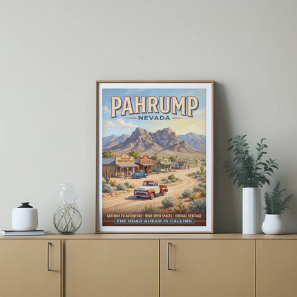 Pahrump, Nevada vintage art with desert town, mountains, and road.