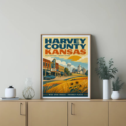 Harvey County, Kansas poster featuring Newton, sunflowers, and rolling hills.