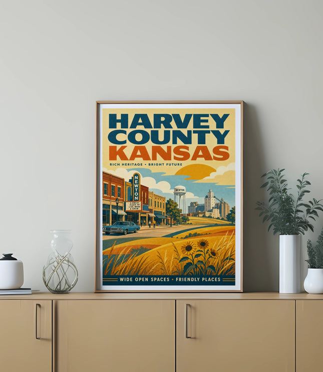 Harvey County, Kansas poster featuring Newton, sunflowers, and rolling hills.