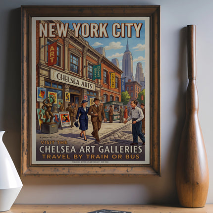 Vintage travel poster for Chelsea Art Galleries in New York City.
