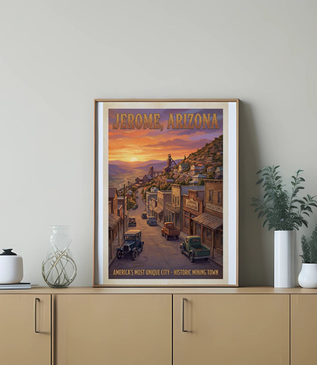 Jerome, Arizona historic mining town poster with sunset and vintage cars.