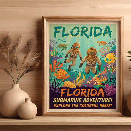 Vintage Florida travel poster with divers exploring colorful coral reefs.