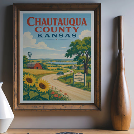 Chautauqua County Kansas vintage travel poster with sunflowers, farm, and road.