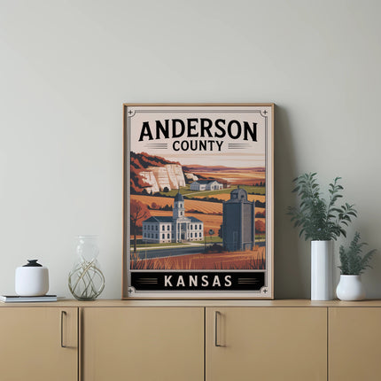 Poster with "Anderson County" text featuring a historical building, silo, and cliffside landscape.