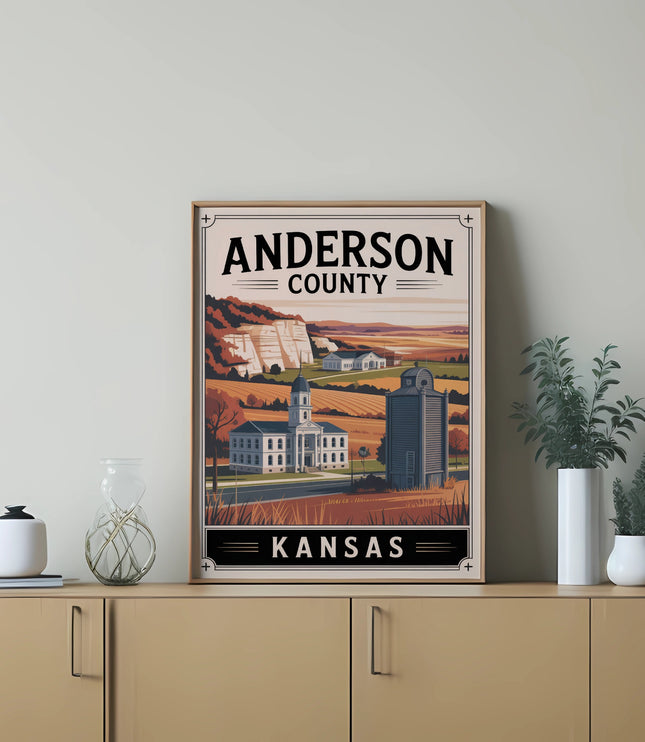 Poster with "Anderson County" text featuring a historical building, silo, and cliffside landscape.