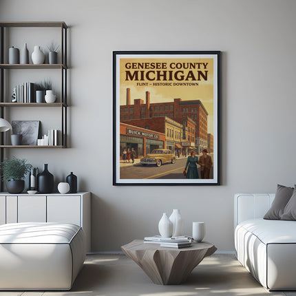 Genesee County Michigan Flint Historic Downtown vintage travel poster.
