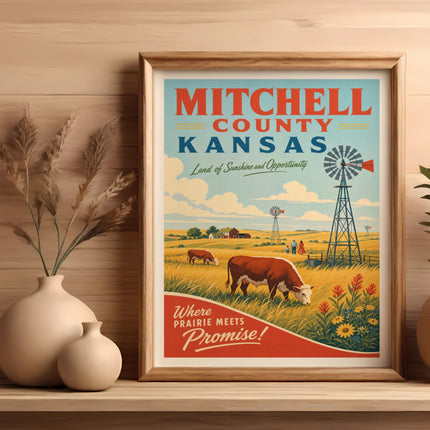 Framed "Mitchell County Kansas" poster with windmills, cows, and farm fields.