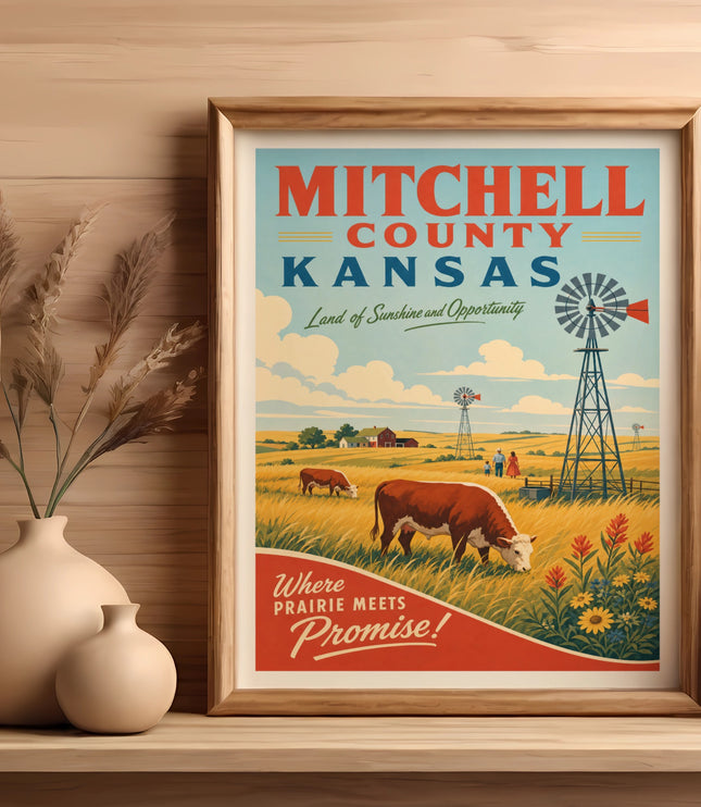 Framed "Mitchell County Kansas" poster with windmills, cows, and farm fields.