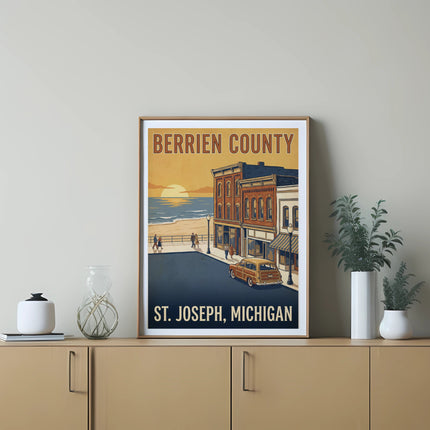 Retro poster of Berrien County, St. Joseph, Michigan, showing buildings and a beach.