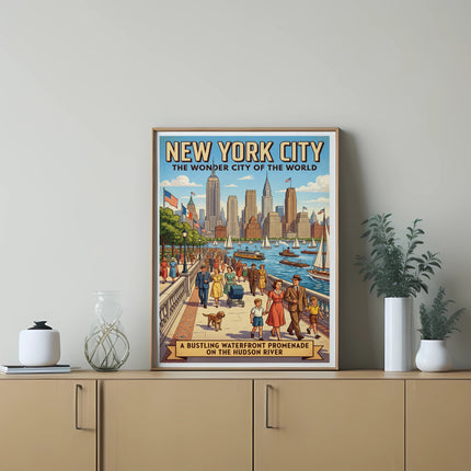 New York City promenade on the Hudson River, vintage poster.