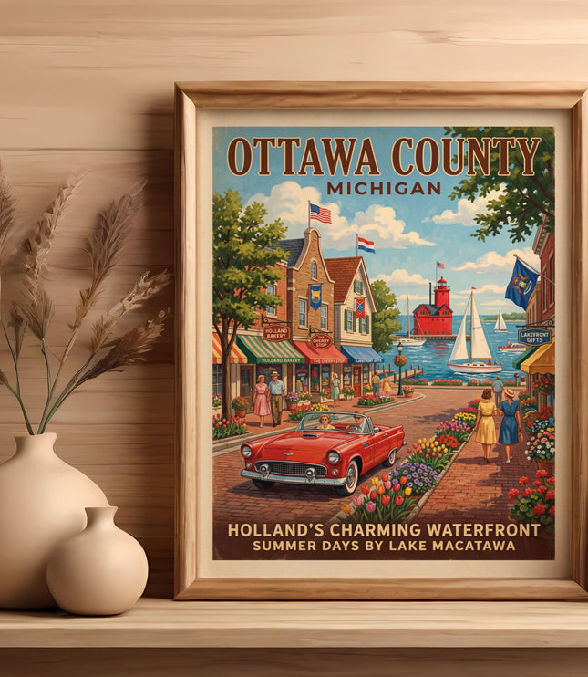 Ottawa County, Michigan poster with Holland's waterfront, lighthouse, vintage car, and text.