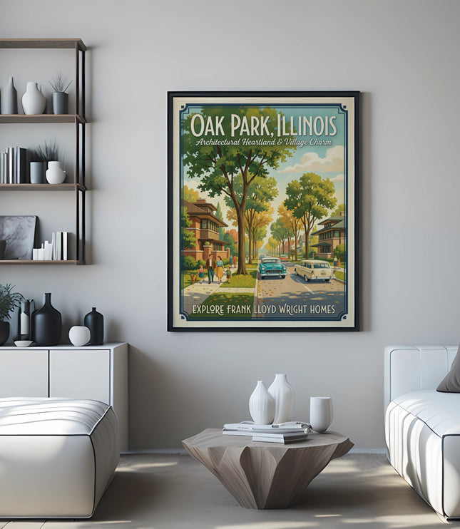 Oak Park, Illinois vintage travel poster depicting Frank Lloyd Wright homes and cars.