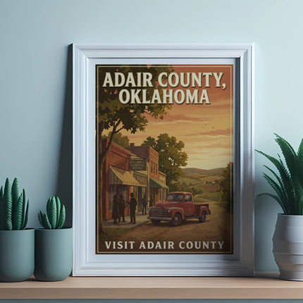 Adair County, Oklahoma vintage travel poster featuring a red truck and general store.