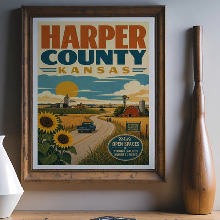 Harper County Kansas poster with sunflowers, farm, and text "Wide Open Spaces".