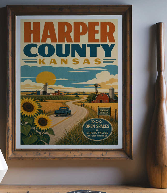 Harper County Kansas poster with sunflowers, farm, and text "Wide Open Spaces".