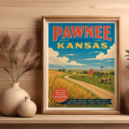 Pawnee County, Kansas vintage travel poster with rural scene and text.