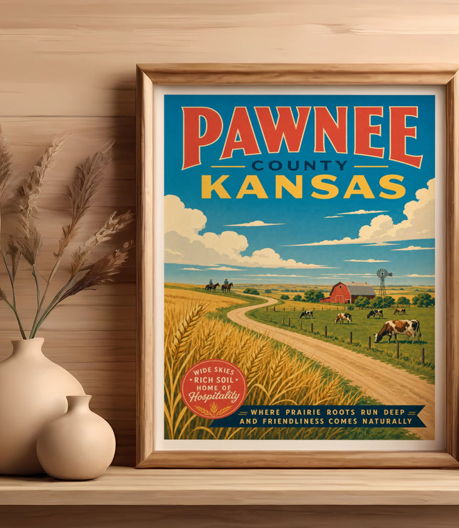 Pawnee County, Kansas vintage travel poster with rural scene and text.