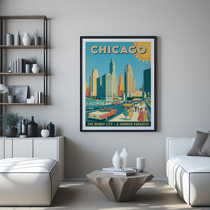 Vintage Chicago city skyline poster with people on a street.