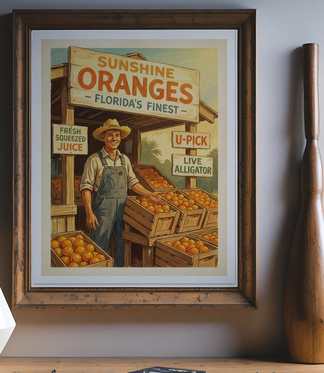 Vintage poster for Sunshine Oranges featuring a farmer with crates of oranges.
