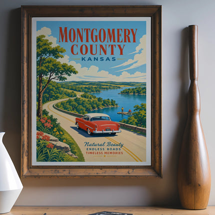 Vintage Montgomery County Kansas travel poster with red car, scenic road, and lake.