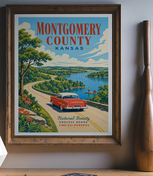 Vintage Montgomery County Kansas travel poster with red car, scenic road, and lake.