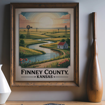 Vintage travel poster of Finney County, Kansas with windmills and a farmhouse.