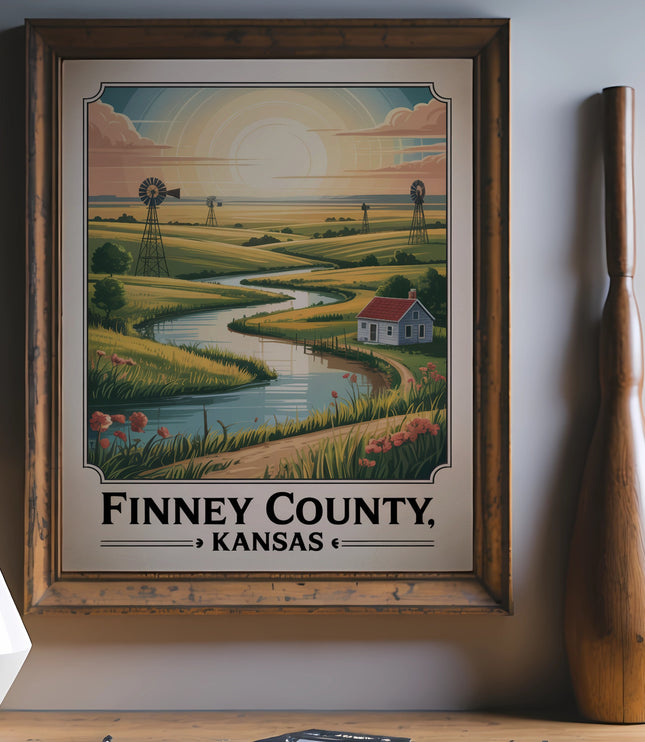 Vintage travel poster of Finney County, Kansas with windmills and a farmhouse.