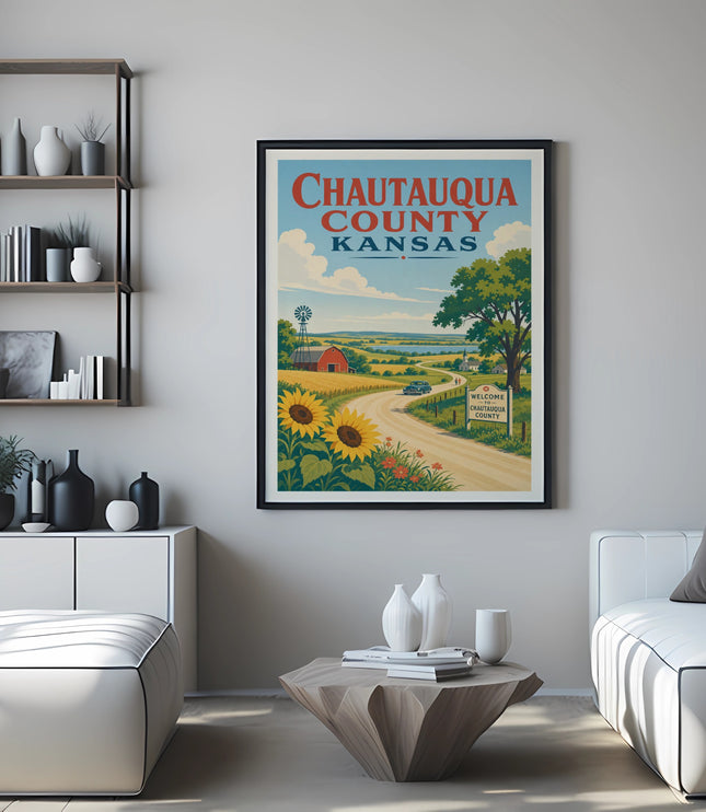Chautauqua County Kansas travel poster with sunflowers and farm scene.