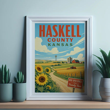 Haskell County, Kansas landscape with sunflowers, farm, and windmill.