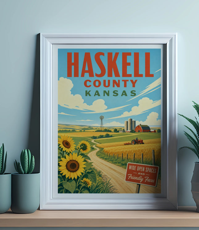 Haskell County, Kansas landscape with sunflowers, farm, and windmill.