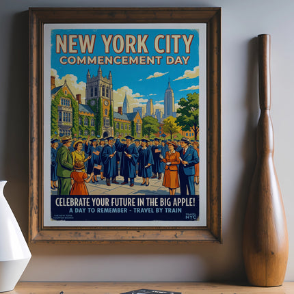 New York City Commencement Day poster with graduates and cityscape.