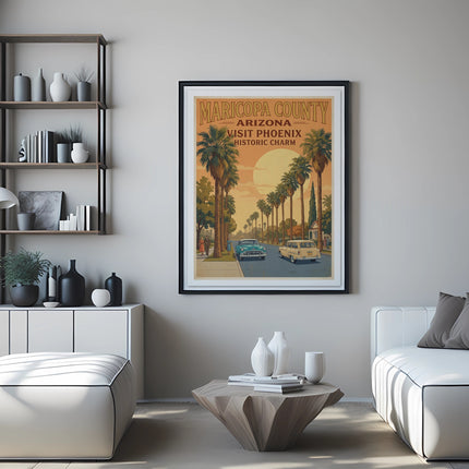 Maricopa County Arizona Visit Phoenix vintage travel poster with palm trees and cars.