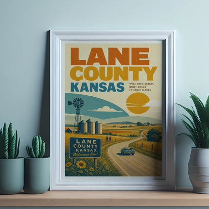Poster for Lane County, Kansas featuring rural landscape, road, and text.