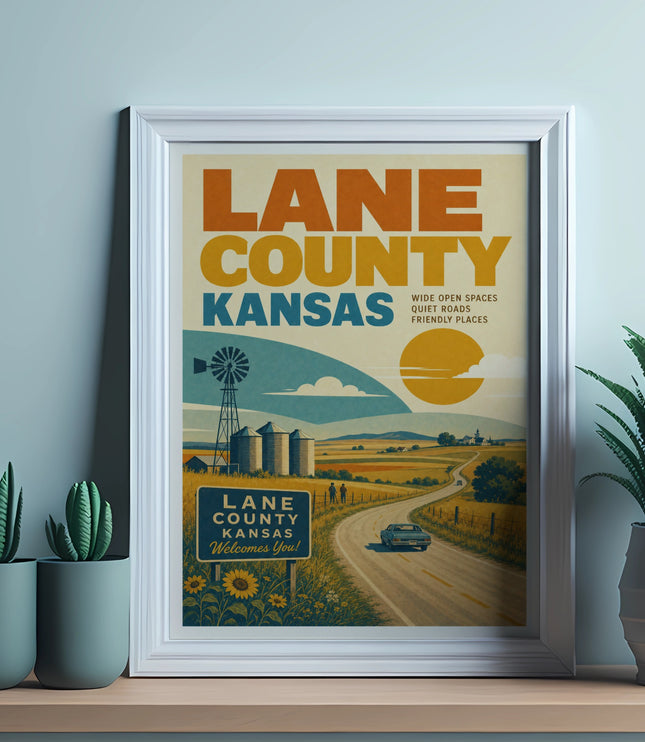 Poster for Lane County, Kansas featuring rural landscape, road, and text.