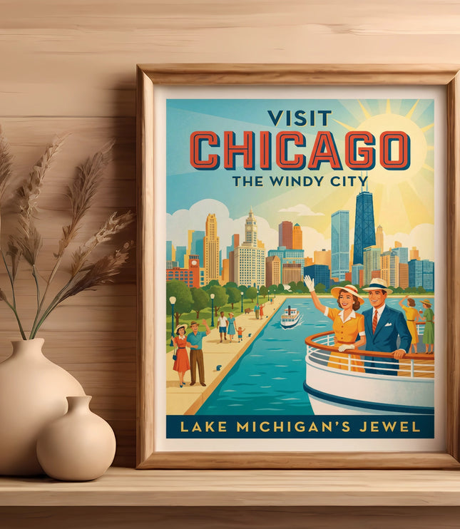 Vintage "Visit Chicago The Windy City Lake Michigan's Jewel" poster with couple on ship deck.