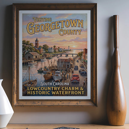 Vintage poster of Georgetown County, South Carolina waterfront with boats and historic buildings.
