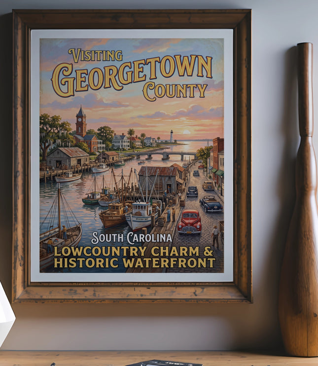 Vintage poster of Georgetown County, South Carolina waterfront with boats and historic buildings.