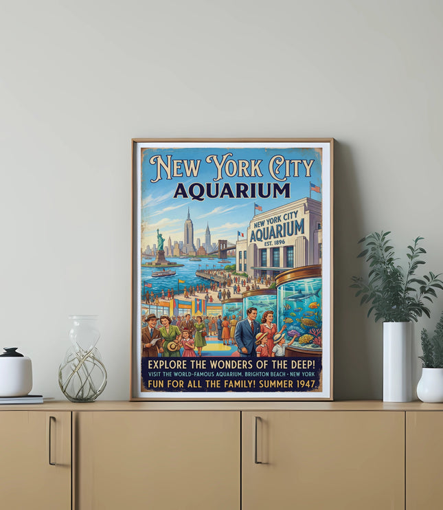 New York City Aquarium vintage travel poster showing people and marine life.