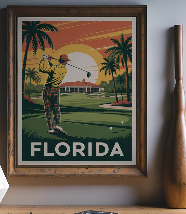 Vintage Florida golf poster featuring a golfer swinging with palm trees and a clubhouse.