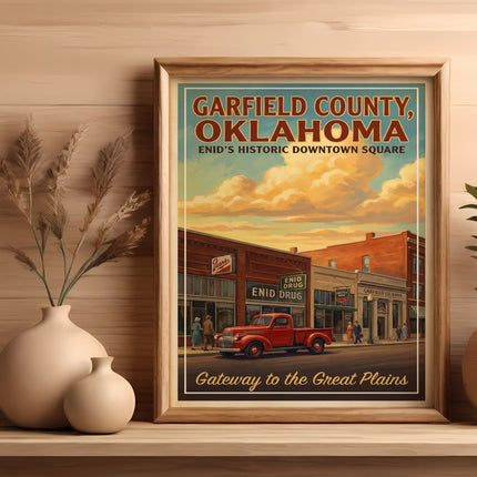 Garfield County, Oklahoma vintage poster with Enid Drug and Garfield Co. Bank.