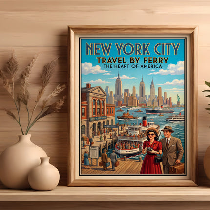 Vintage poster of New York City skyline with ferries and "Travel by Ferry" text.