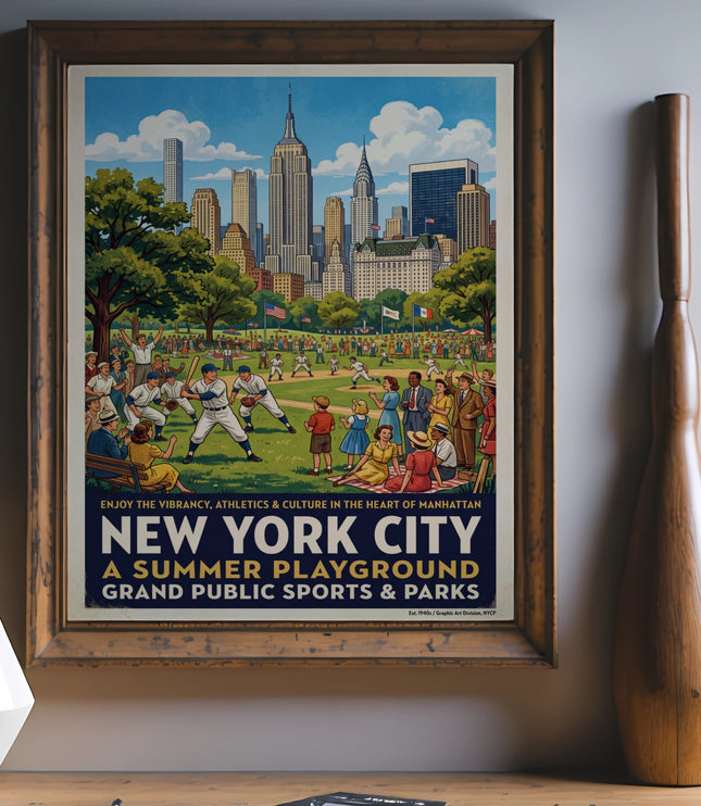 New York City, a Summer Playground poster with baseball game and skyline.