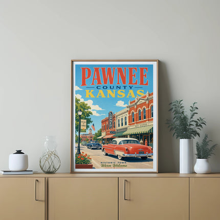 Pawnee County Kansas vintage poster with a classic car and historic town details.