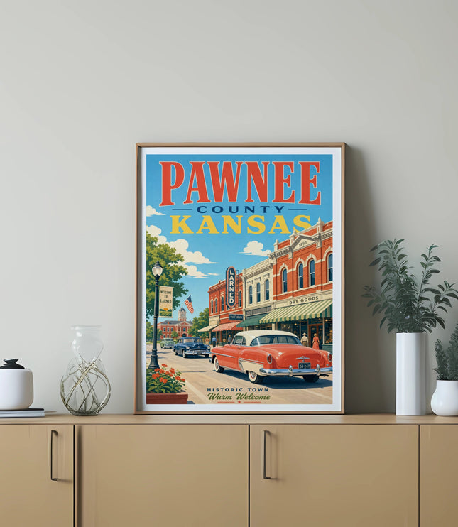 Pawnee County Kansas vintage poster with a classic car and historic town details.
