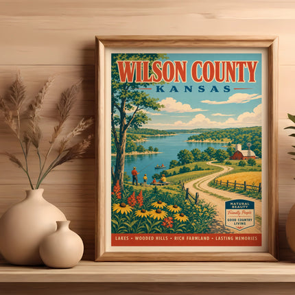 Vintage poster for Wilson County, Kansas, featuring a lake and farmland.