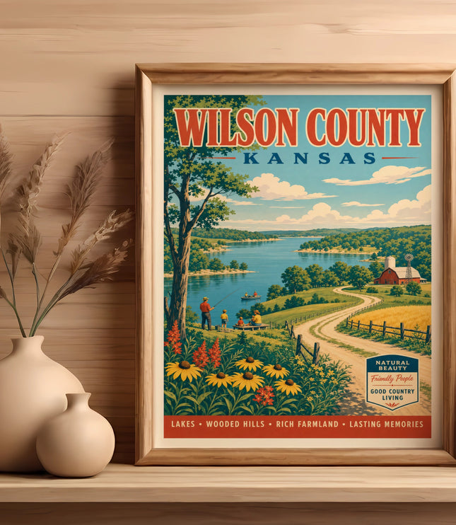 Vintage poster for Wilson County, Kansas, featuring a lake and farmland.