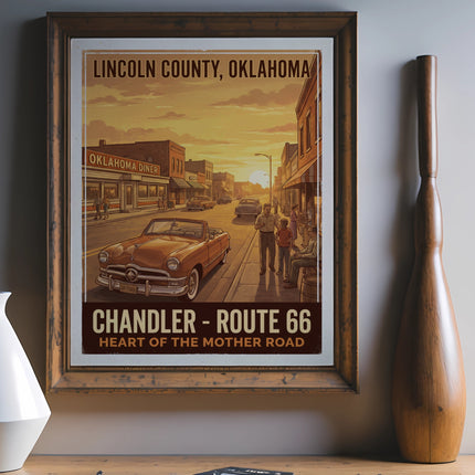Vintage poster of Chandler, Oklahoma, Route 66, with vintage car and diner.